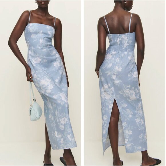 Reformation Frankie Linen Midi Dress Sz2 Patience Blue White Floral Spring